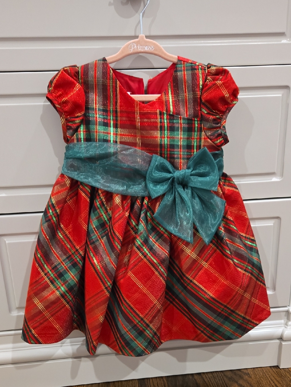 Bonnie Baby Red Plaid Holiday Dress with Teal Bow